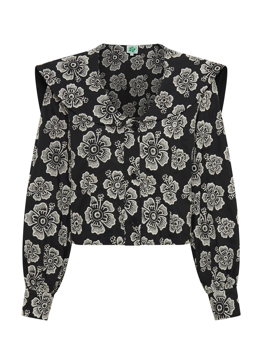 Women's Black Floral Button-Up Blouse with Statement Collar
